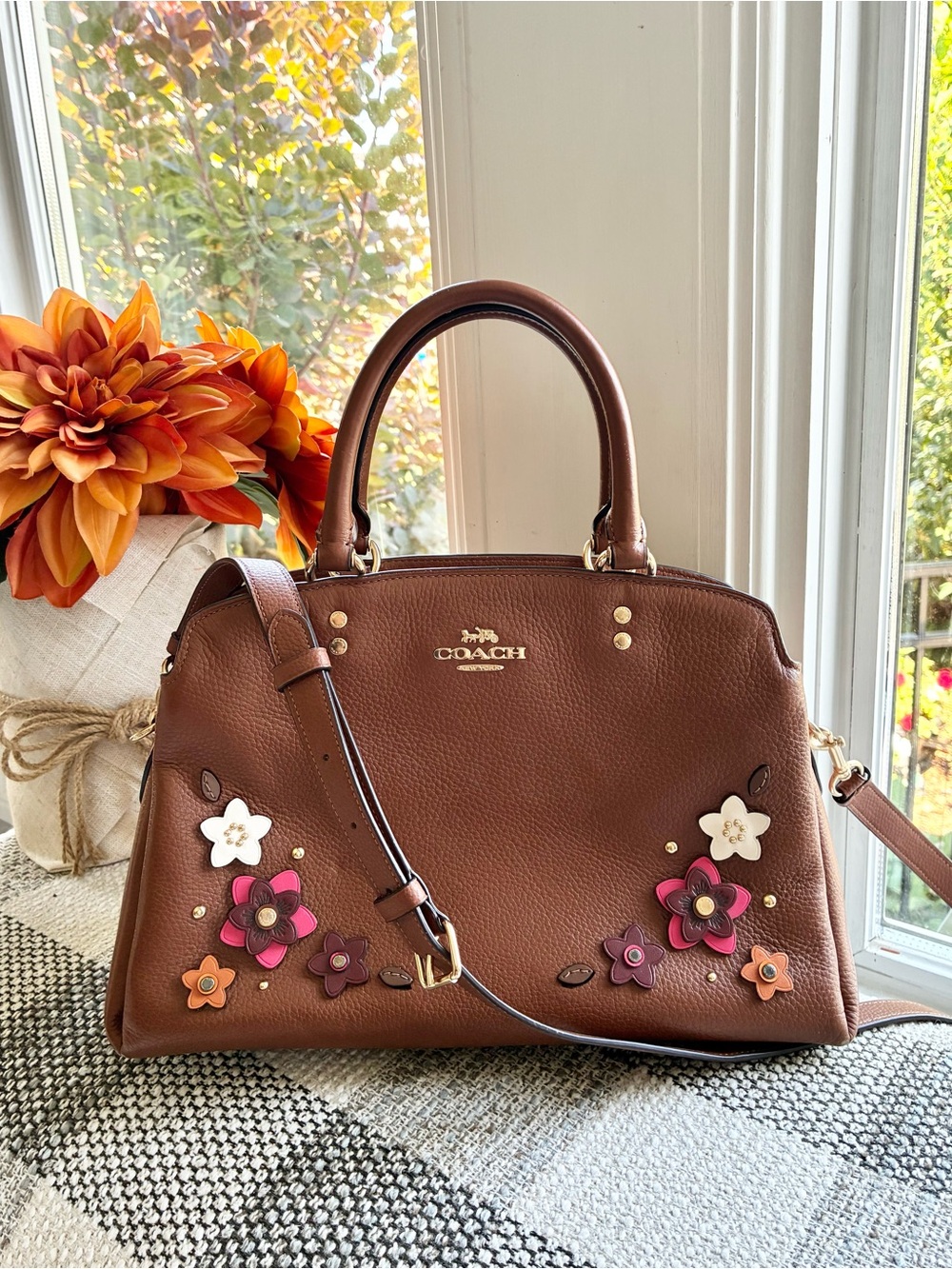 Coach Lillie Leather Carryall Crossbody with Floral Applique Daisy, 2848, Large